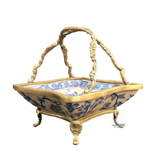 置物インテリア/ 磁器持ち手付コンポート(藍色) シノワズリー