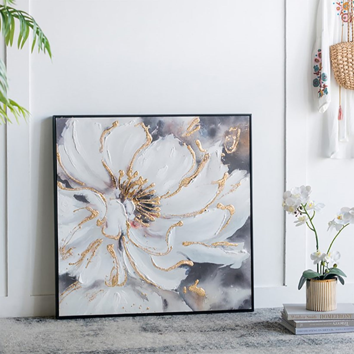 花のアートパネル 92×92cm /モダンでラグジュアリーな大きめのペイントフラワーアート