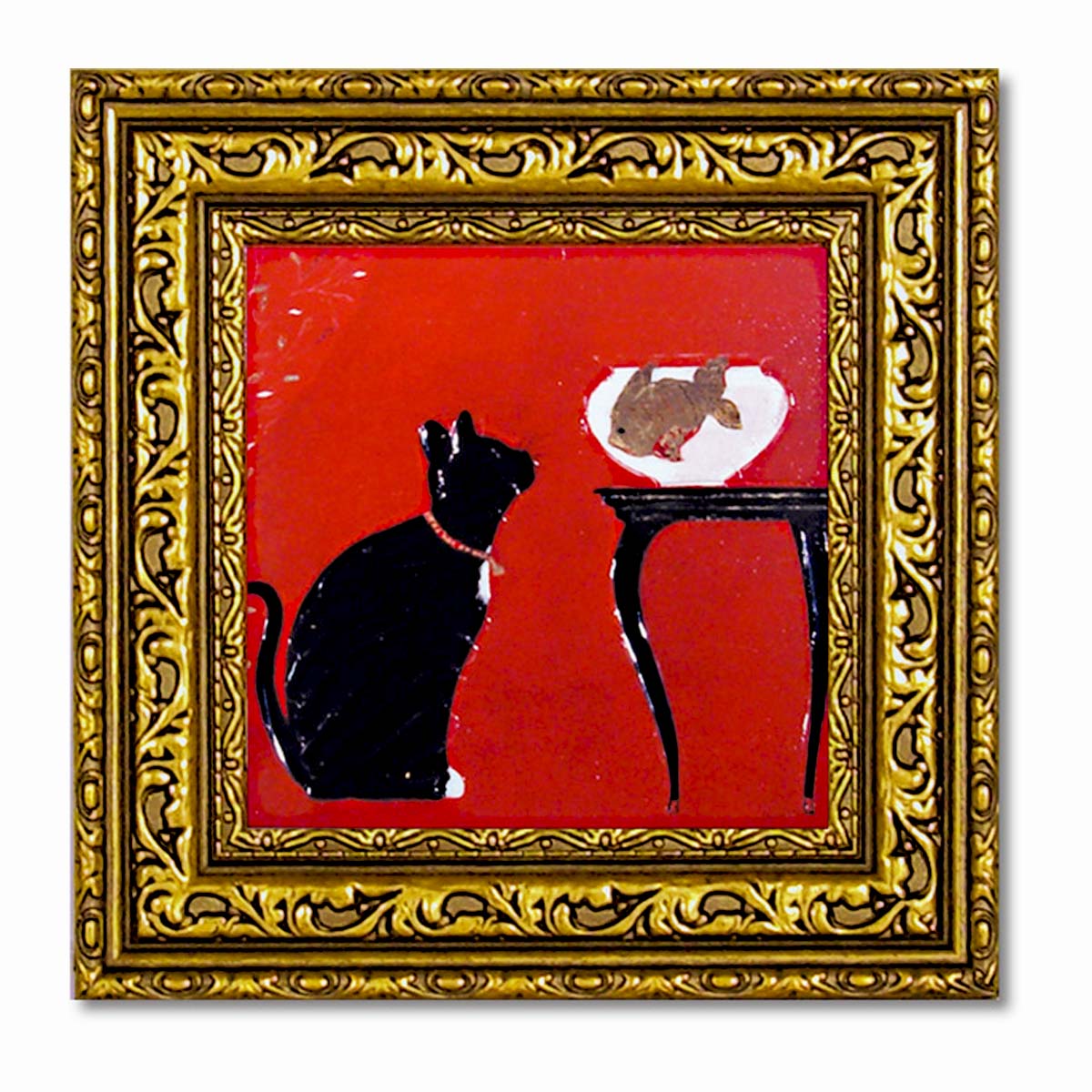 小さい猫アート額/ネコと金魚 (赤×ゴールドが印象的な額絵)
