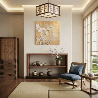 花と鳥のゴールドアートパネル 98×98cm｜インテリアアート