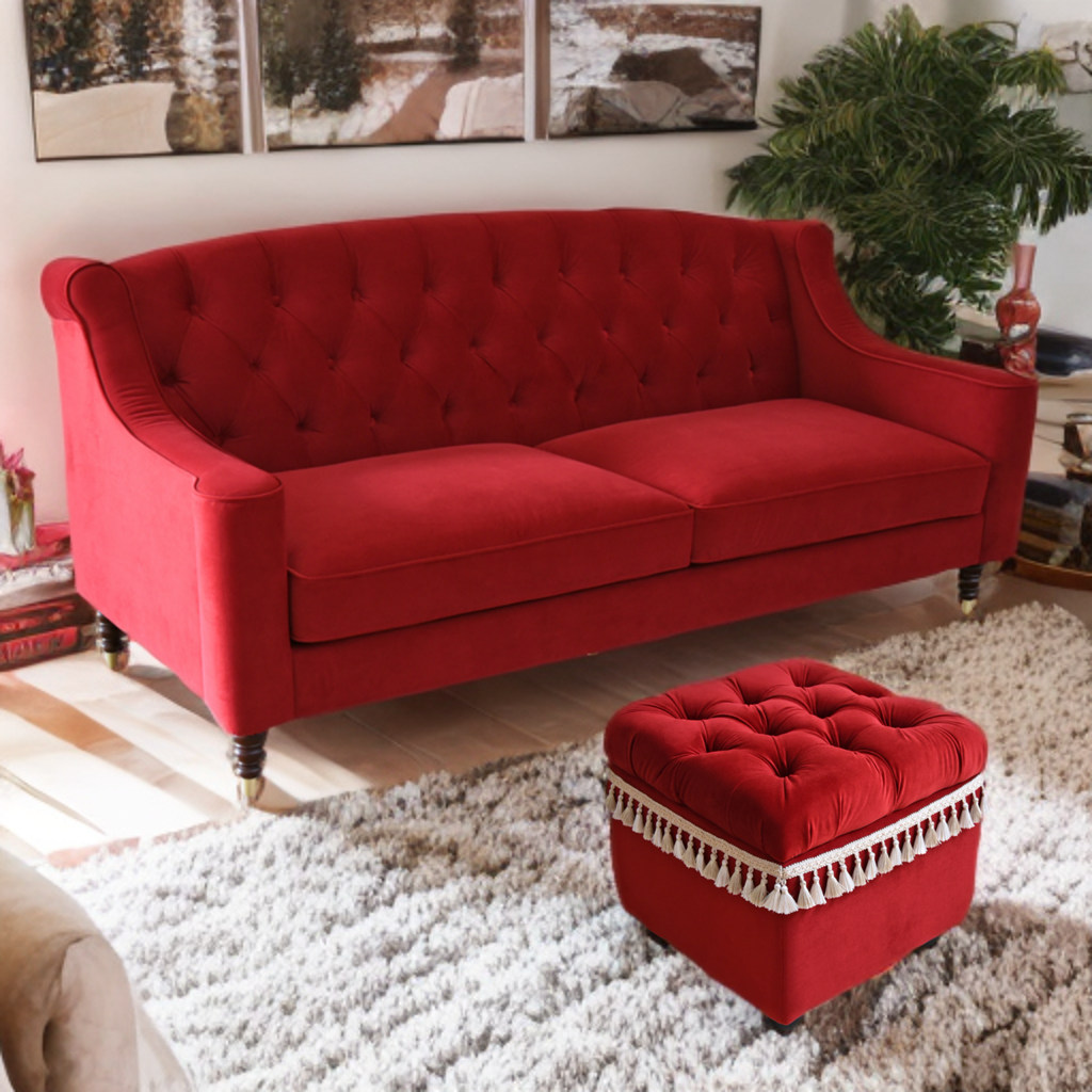ベルベッド張り クラシック3人掛けソファ/ 赤が映えるホテルライクなラグジュアリーインテリア【送料無料】