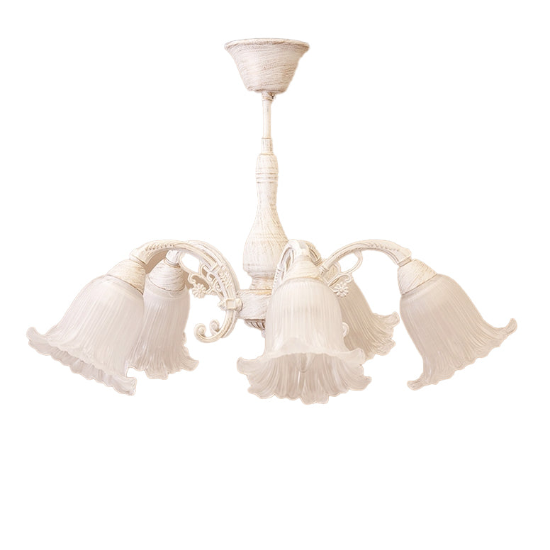 おしゃれでクラシカルなシーリングシャンデリア5灯 / ガラスシェード × アイアンフレーム（アンティークホワイト）