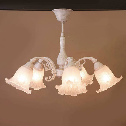 おしゃれでクラシカルなシーリングシャンデリア5灯 / ガラスシェード × アイアンフレーム（アンティークホワイト）