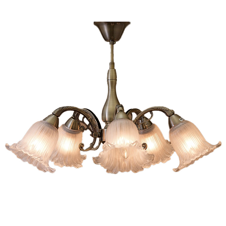 おしゃれでクラシカルなシーリングシャンデリア5灯 /ガラスシェード × アイアンフレーム（ブロンズ色）