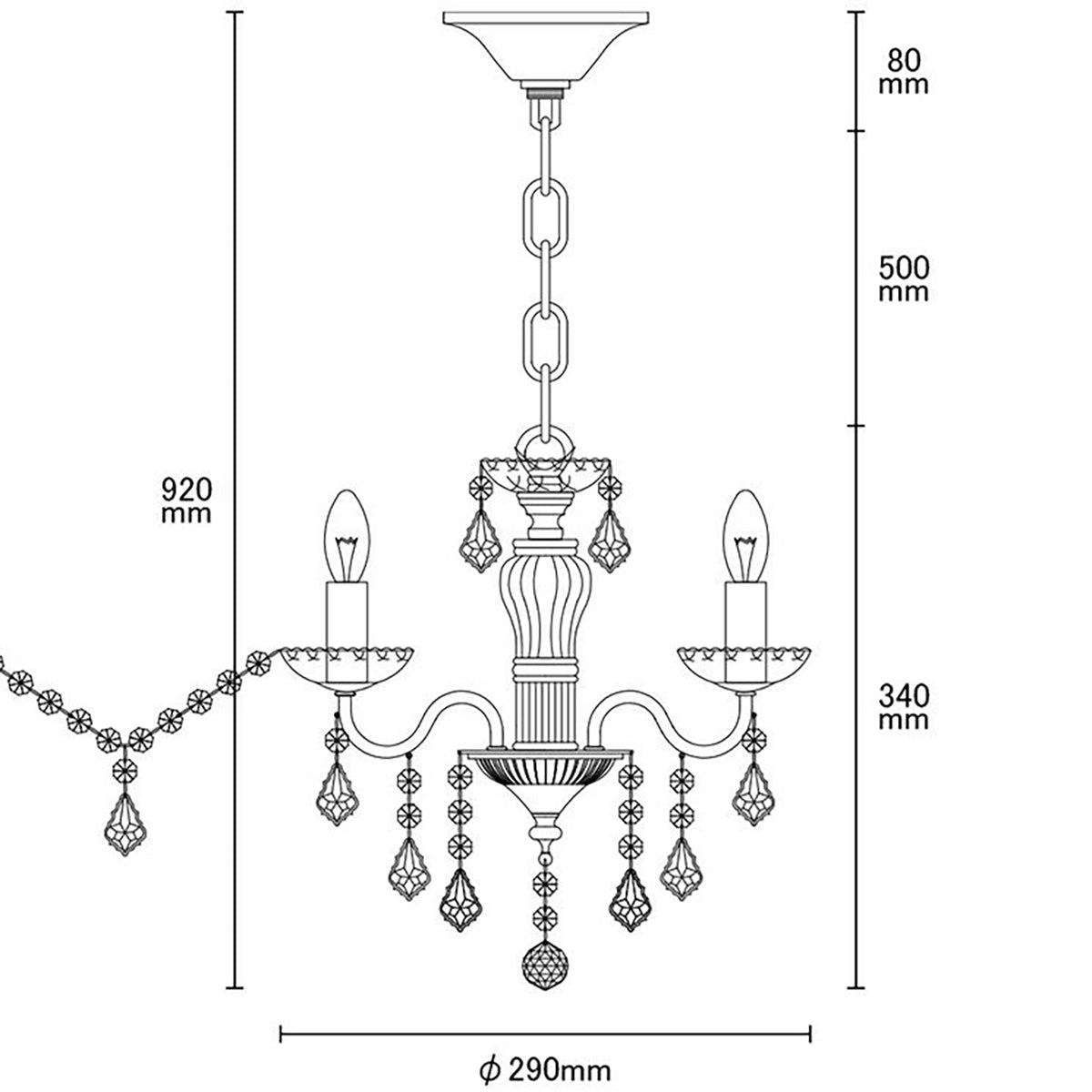 ゴールドシャンデリア（クリアガラス）/ 小ぶりな３灯サイズ・低天井用カップ