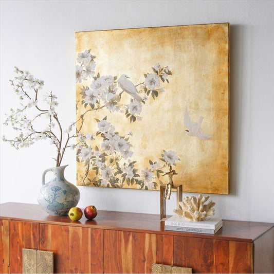 花と鳥のゴールドアートパネル 98×98cm｜インテリアアート