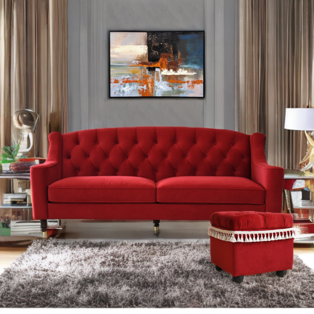 ベルベッド張り クラシック3人掛けソファ/ 赤が映えるホテルライクなラグジュアリーインテリア【送料無料】
