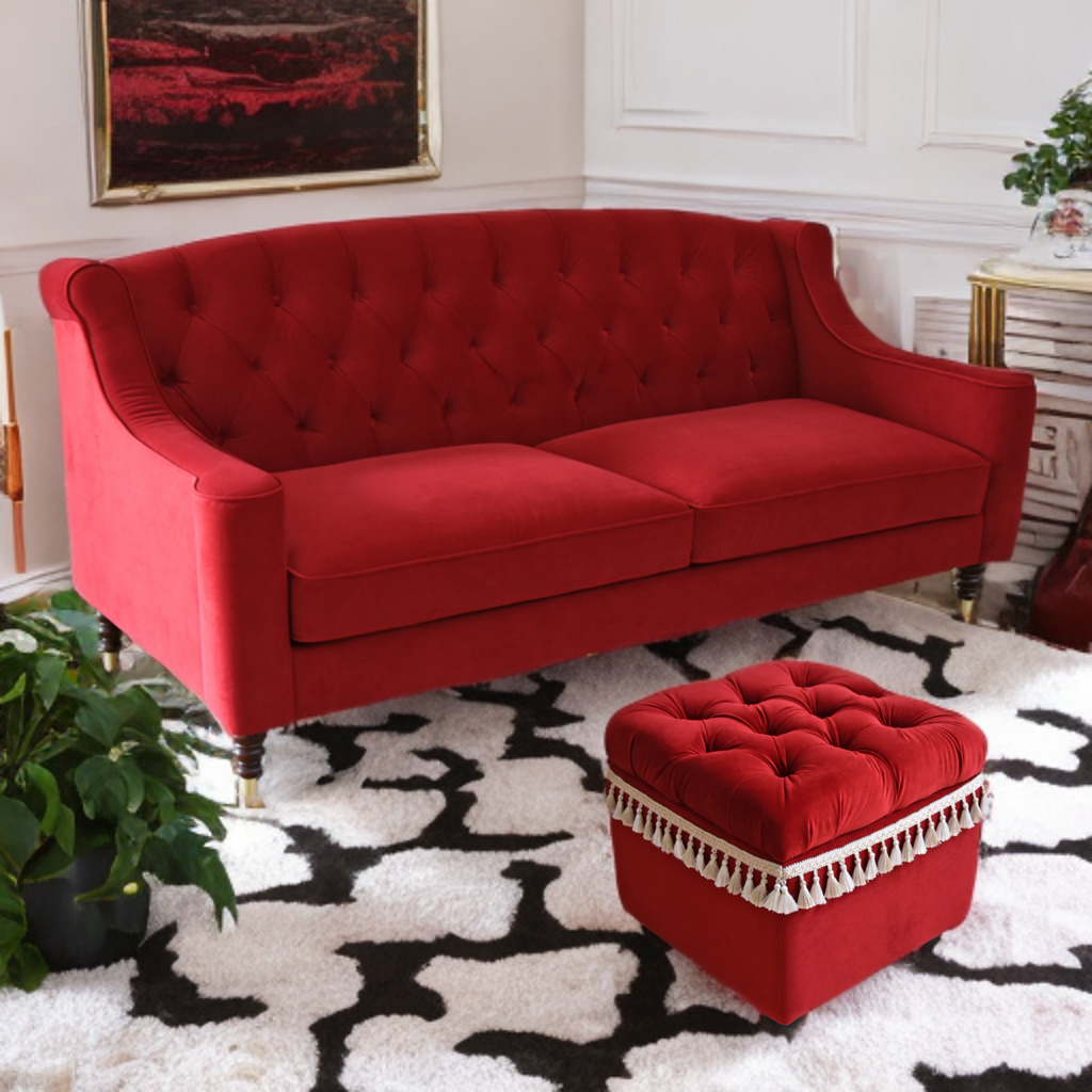 ベルベッド張り クラシック3人掛けソファ/ 赤が映えるホテルライクなラグジュアリーインテリア【送料無料】