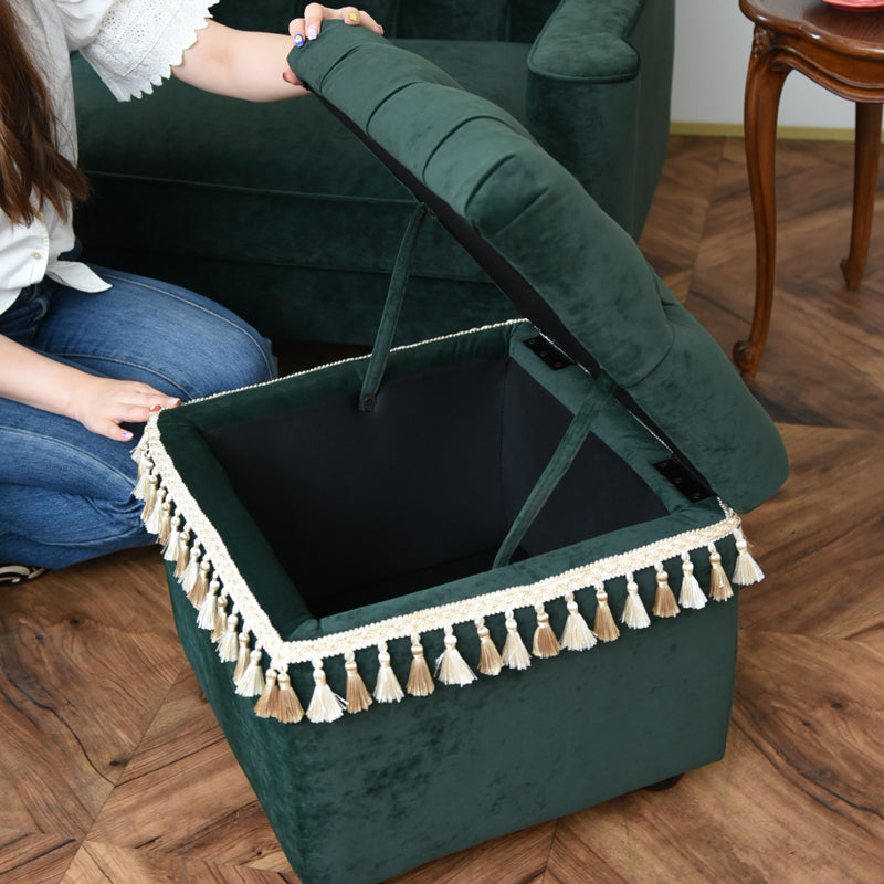 ベルベッド スツール緑/ タッセルが映えるクラシックでホテルライクなインテリアに【送料無料】