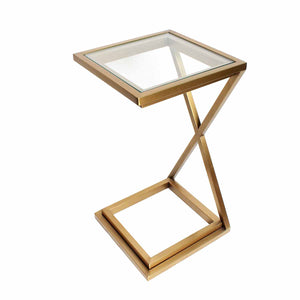 ソファサイドテーブル/ガラス＆ゴールド　座面に寄せられる便利なサイドテーブル