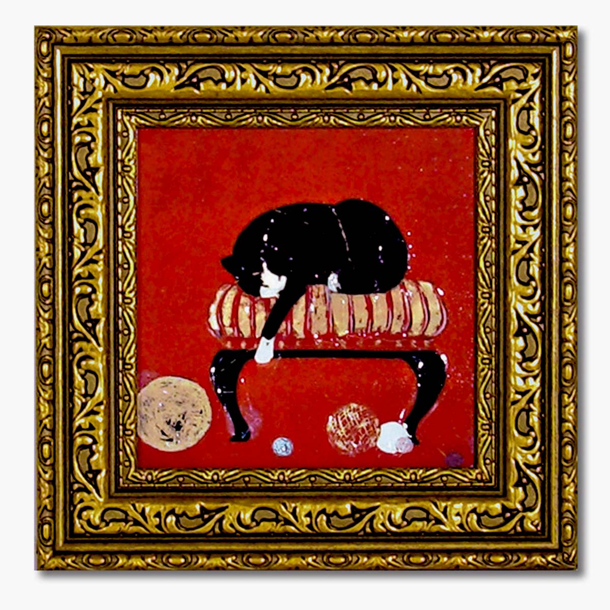 小さい猫アート額／ネコと毛玉 （赤×ゴールドが印象的な額絵）