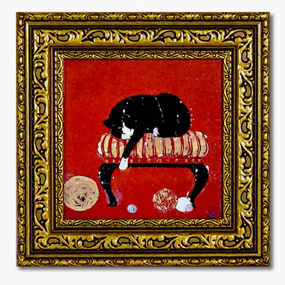 小さい猫アート額／ネコと毛玉 （赤×ゴールドが印象的な額絵）