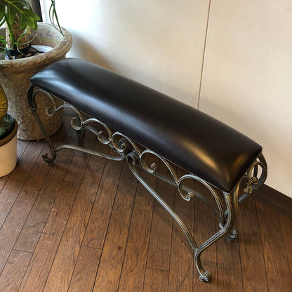 アイアンの曲線が美しい、フレンチスタイルのスリムスツールロング/（ダークブラウン 合皮）